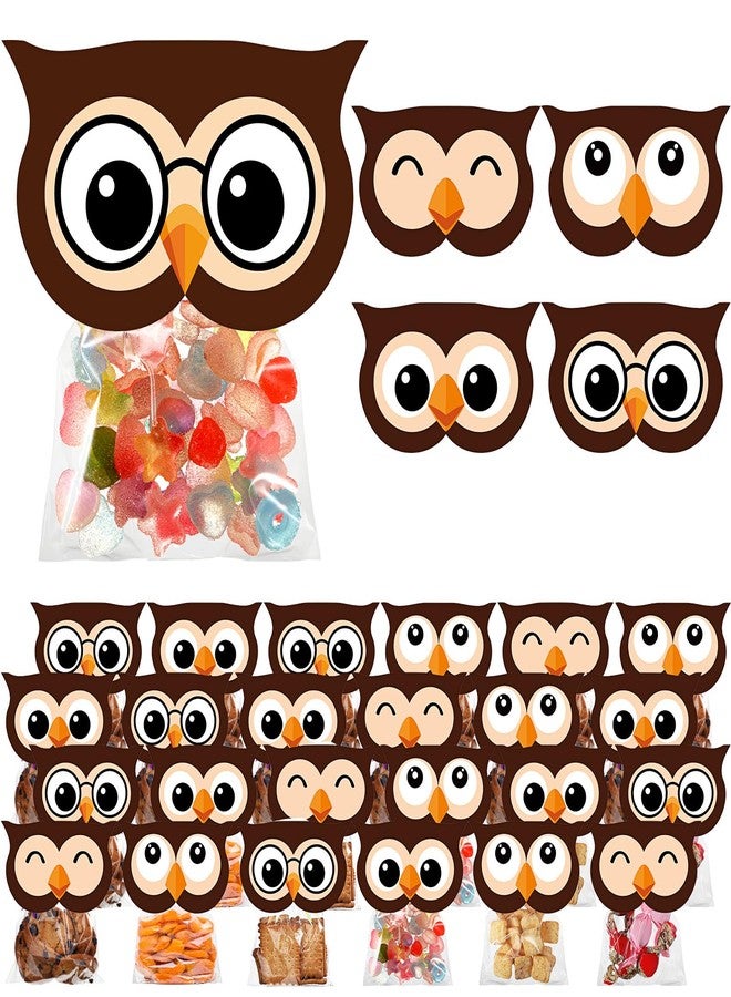 SilTriangle 48 Sets of Owl Party Cellophane Treat Bags with Owl Toppers Cellophane Bags for Thanksgiving Christmas Candy Gift Christmas Party Favor Decoration Supplies(Brown) - Image 1